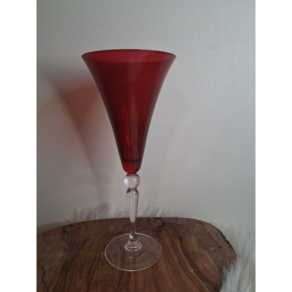 Ruby Red Glass Champagne Flute Conical Bowl Clear Knobbed Stem Barware